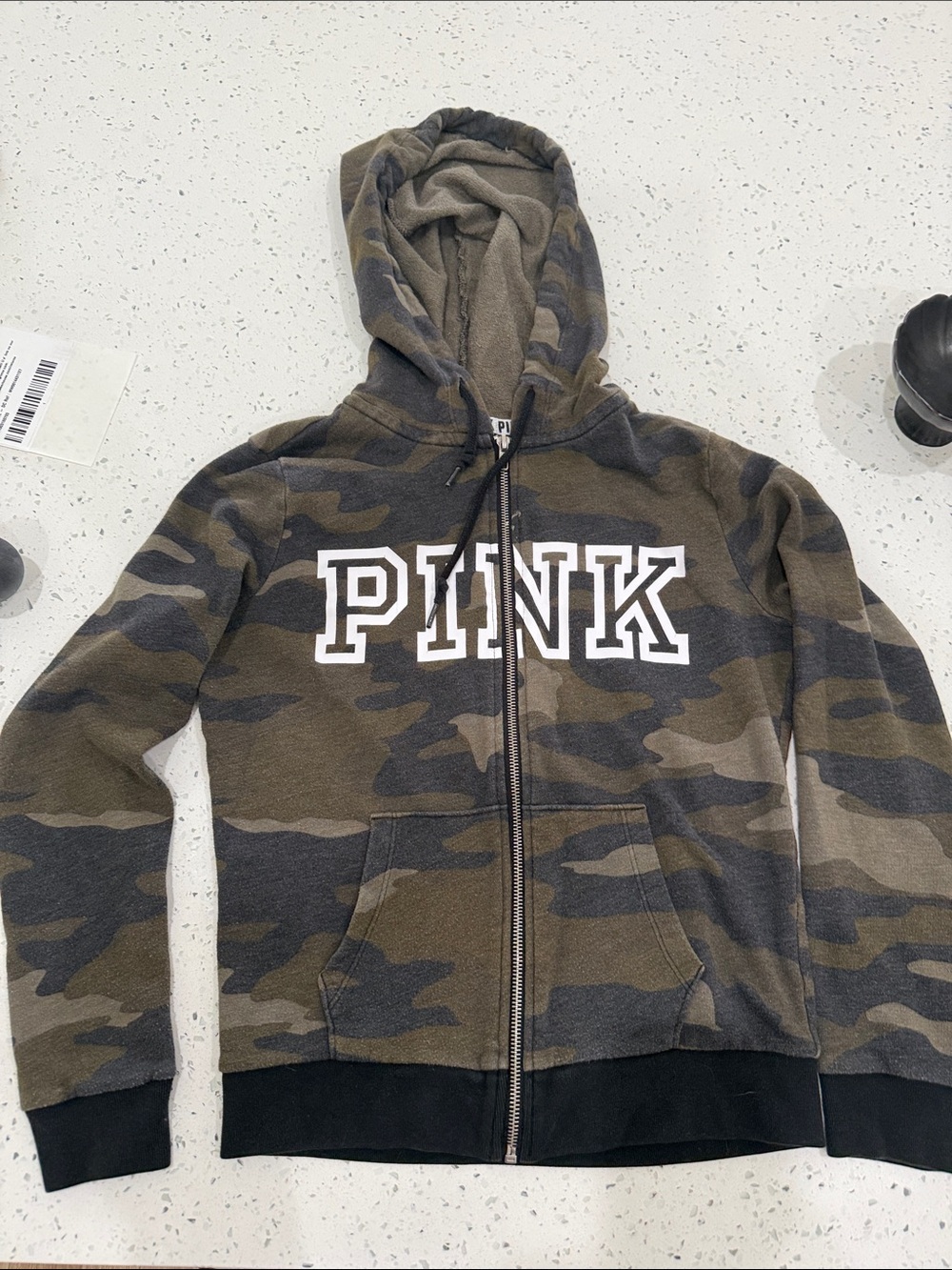 PINK Victoria's Secret Olive & Black Camo Zip-Up Hoodie with White Logo